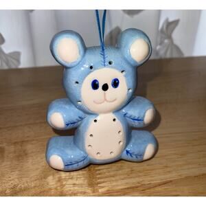 Rare Vintage Ceramic Teddy Bear Pomander - Hanging Blue Sachet with Stopper